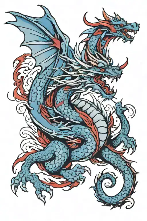 blue and red dragon flying tattoo design idea