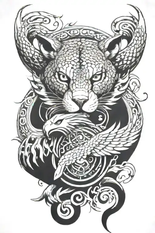 surrounding a gods eye, serpent south, jaguar west, dragon north, eagle east. tattoo design idea