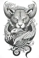 surrounding a gods eye, serpent south, jaguar west, dragon north, eagle east. tattoo design idea