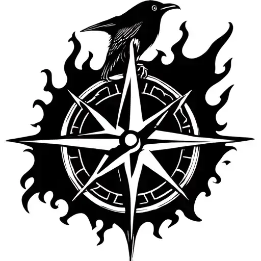 Coverup crow and compass fiery tattoo design idea