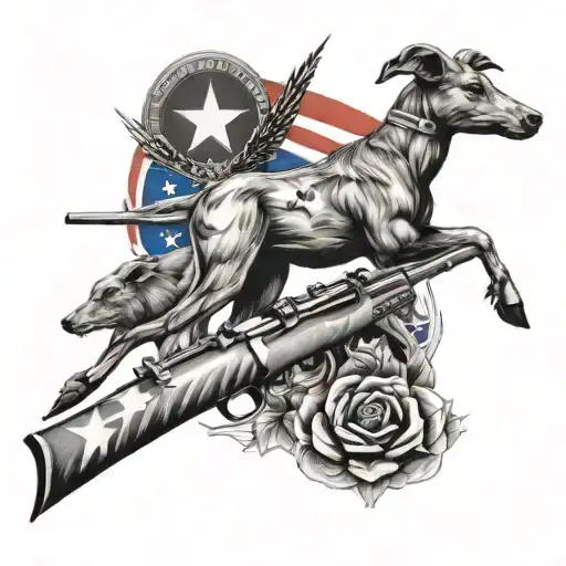 hunting rifle intertwined, Deer, pigs, dogs, parrots with Australian flag tattoo design idea
