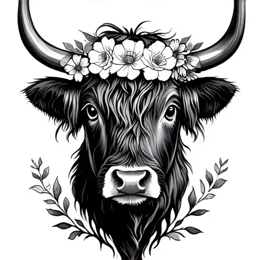highland cow floral headband tattoo design idea
