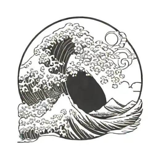 The Great Wave off Kanagawa, Mount Fuji behind and tattoo design idea