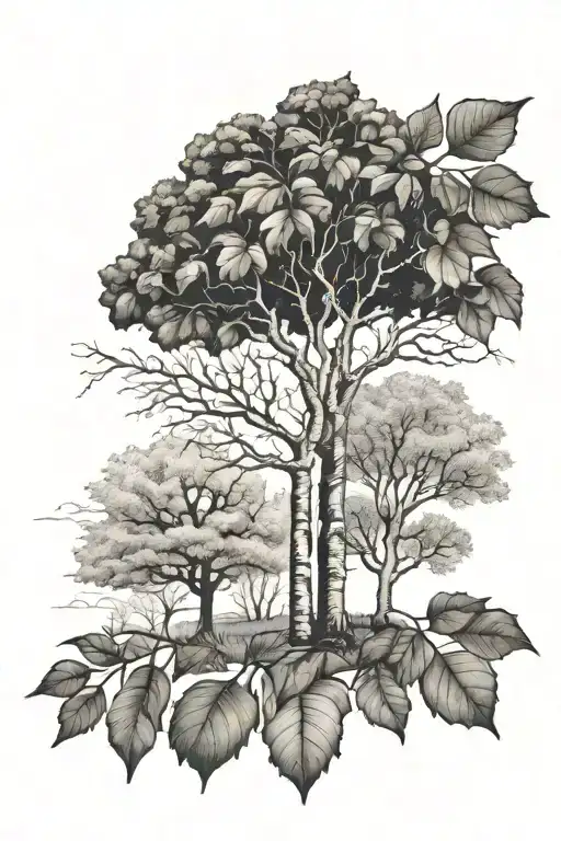 oak in autumn, pine in winter, birch in spring, apple tree in summer tattoo design idea