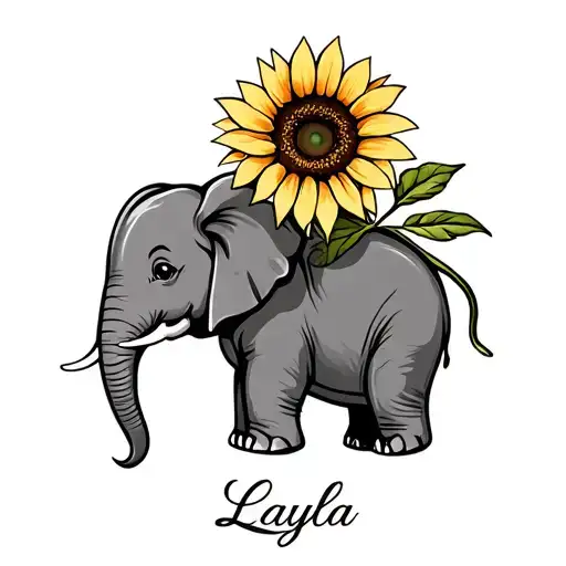 "Layla" baby elephant holding a sunflower in its trunk with the stem of the sunflower  being the name " Layla" in cursive tattoo design idea