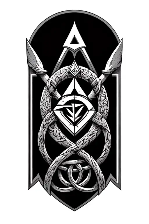 valhalla with valknut symbol intertwined. YGGDRASIL intertwined in the background tattoo design idea