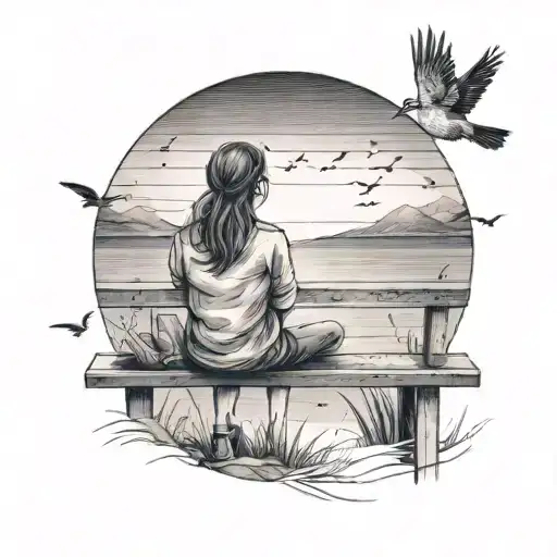 Draw someone with her back turned and sitting on a bench looking at the beach but the sky is pink and birds are flying a tattoo design idea