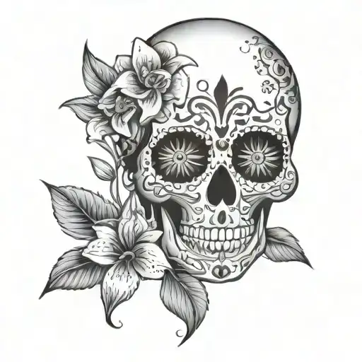 Sugar Skull with Lilly flower tattoo design idea