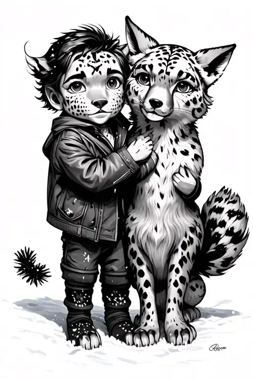 snow leopard boy protecting snow fox girl tattoo design idea