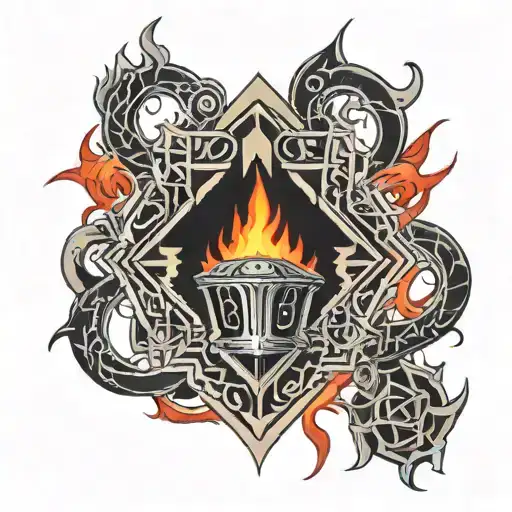 red and black flames around a Sith holocron surrounded tattoo design idea