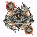 red and black flames around a Sith holocron surrounded tattoo design idea