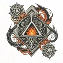 red and black flames around a Sith holocron surrounded tattoo design idea