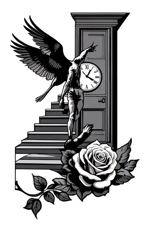 A man climbing the stairs to heaven, next to the door a clock counting time held in the beak of a dove, below a rose  tattoo design idea