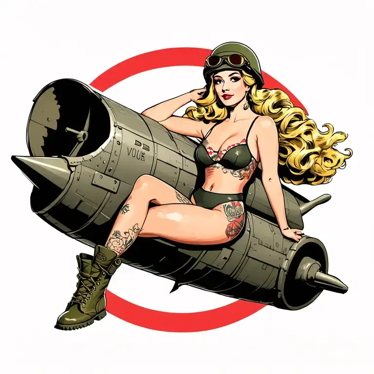 WWII pinup sitting on WWII missile, vintage swimsuit, combat boots, army helmet with goggles, blonde windblown tattoo design idea