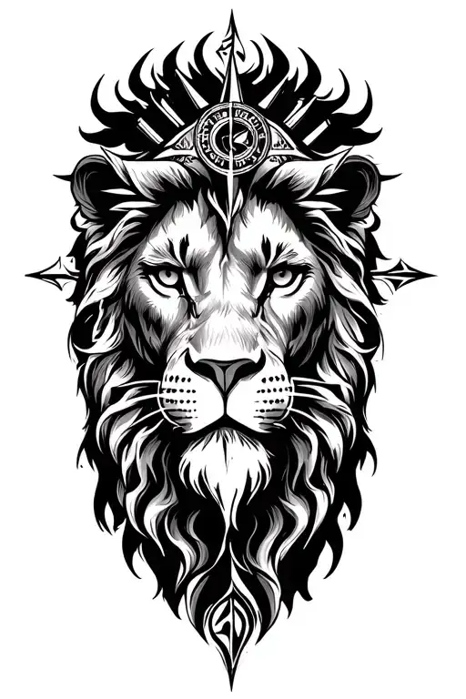 Lion compass viking map mountain landscape tattoo design idea