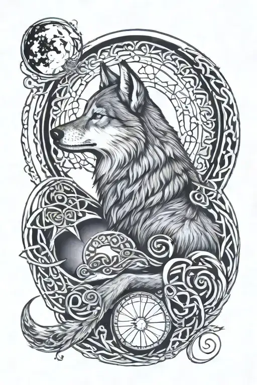 A pagan inspired tattoo of a wolf howling at the moon, with intricate Celtic knotwork and lunar phases incorporated into the design tattoo design idea