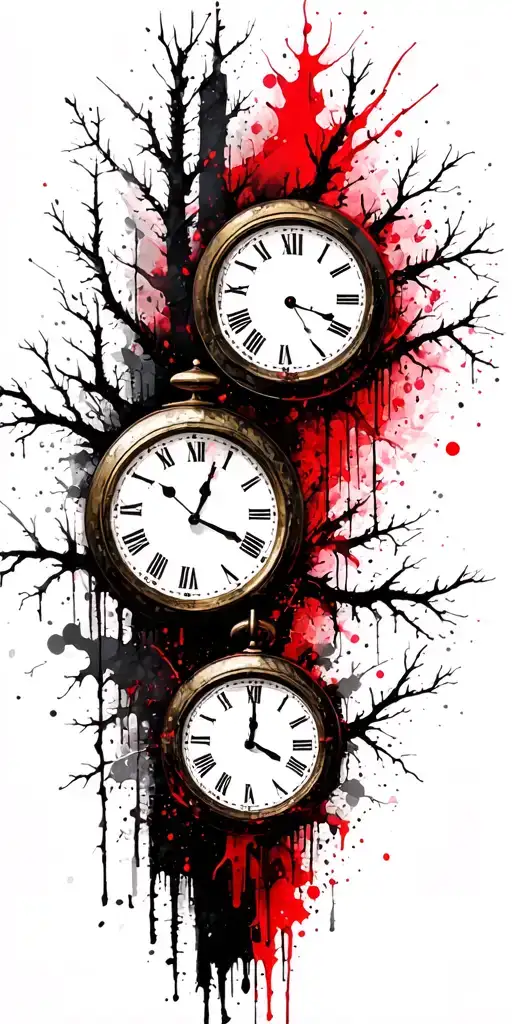birch tree branches and three clocks tattoo design idea