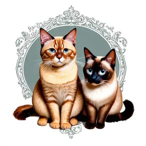 victorian style orange tabby cat and siamese cat sitting in vintage victorian gothic surroundings  tattoo design idea