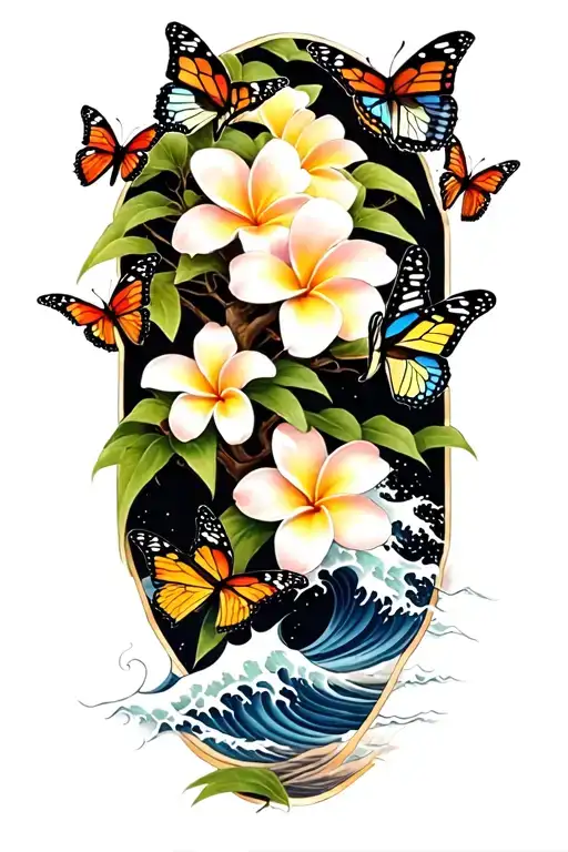 butterflies around a Frangipani tree with waves crashing tattoo design idea