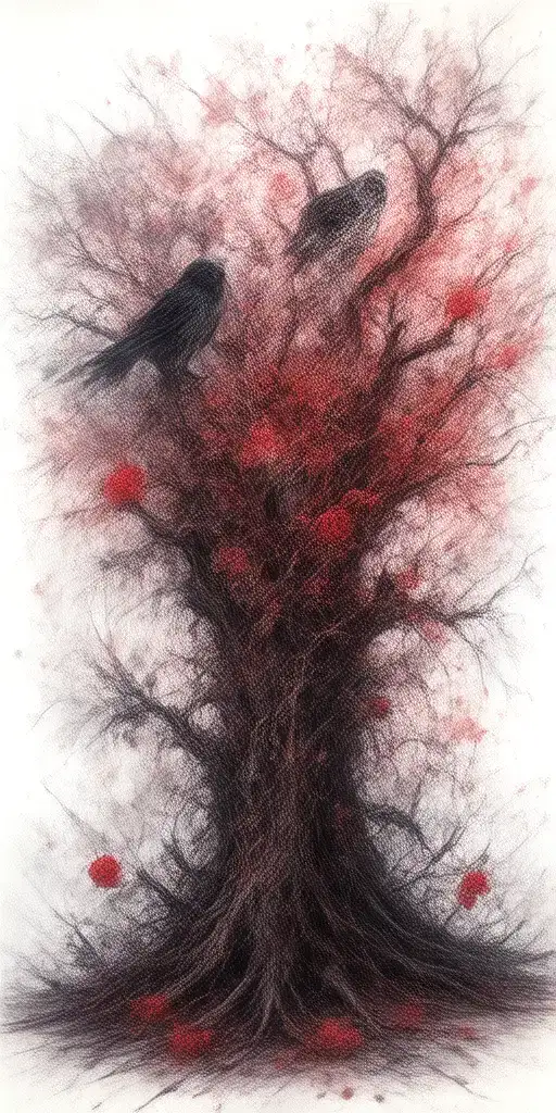 crooked scary looking tree wich gnarled and snapped branches. crow and a owl perched amongst the branches with roses  tattoo design idea