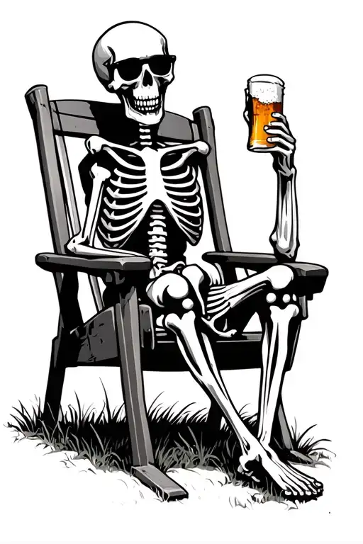 skeleton sitting in a lawn chair with sunglasses on while holding up a beer. New Hampshires in the background tattoo design idea