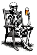 skeleton sitting in a lawn chair with sunglasses on while holding up a beer. New Hampshires in the background tattoo design idea