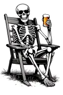 skeleton sitting in a lawn chair with sunglasses on while holding up a beer. New Hampshires in the background tattoo design idea