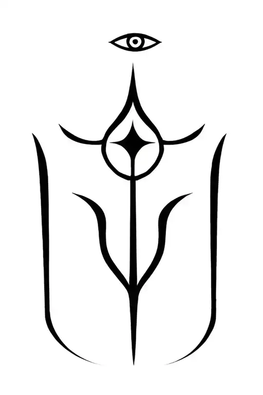 Minimalist black line tattoo design of a Trishul (Shiva’s trident) with a Third Eye symbol above, and sacred Shreem (श्र tattoo design idea