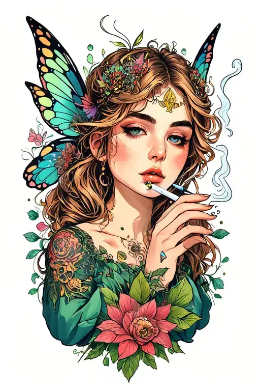 mystical, and anything to do with fairies smoking a joint  tattoo design idea