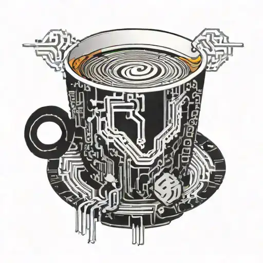 A coffee cup with circuit board patterns intertwined, symbolizing the fusion of tech and caffeine addiction tattoo design idea