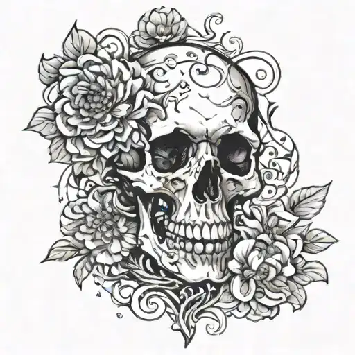 A skull with a chrysanthemum coming out of the top on fire, inside of a heart with vines tattoo design idea