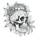 A skull with a chrysanthemum coming out of the top on fire, inside of a heart with vines tattoo design idea