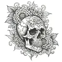 A skull with a chrysanthemum coming out of the top on fire, inside of a heart with vines tattoo design idea
