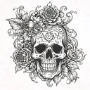 A skull with a chrysanthemum coming out of the top on fire, inside of a heart with vines tattoo design idea