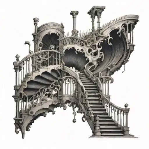 Sheet music forming a spiral staircase descending into inferno hell tattoo design idea