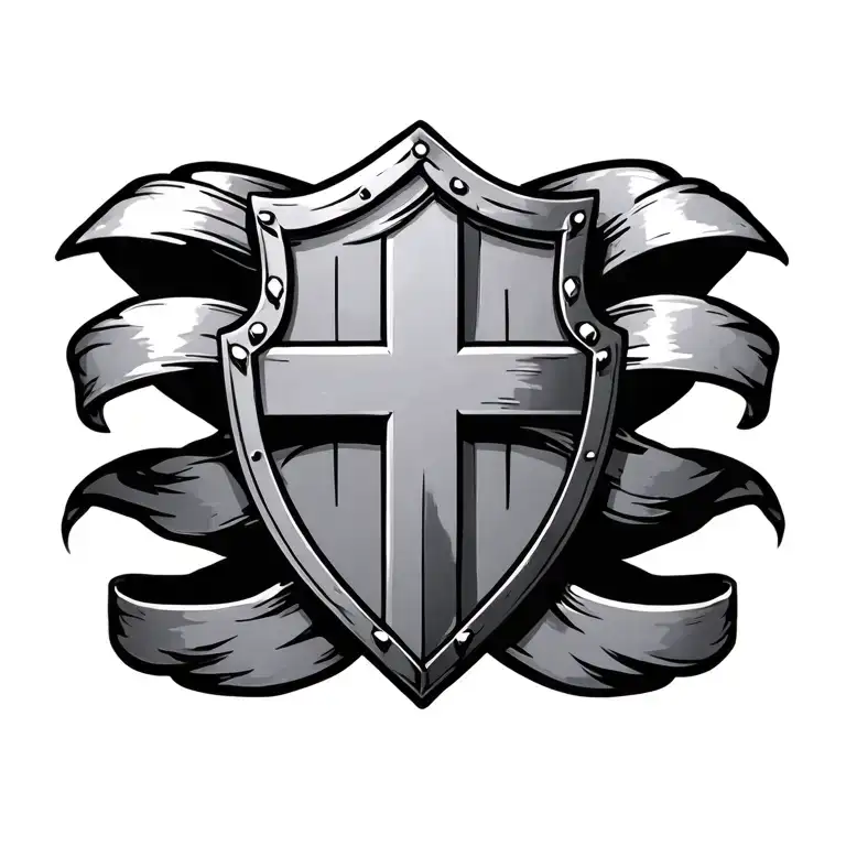 shield cross ribbon wrapped tattoo design idea