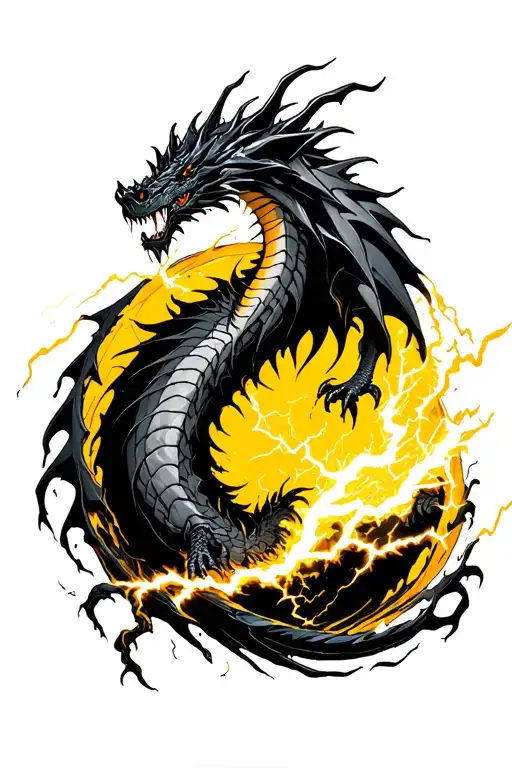 black dragon spitting lightning coming out of a yellow black hole tattoo design idea