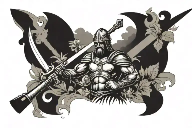 warrior in a garden holding a sword in one hand and a garden hoe in the other hand tattoo design idea