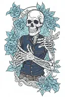  skeleton with goatee making shaka hand sign with blue  flowers 'living the dream' in a banner written below tattoo design idea