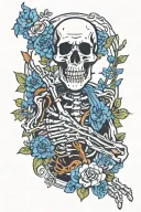  skeleton with goatee making shaka hand sign with blue  flowers 'living the dream' in a banner written below tattoo design idea