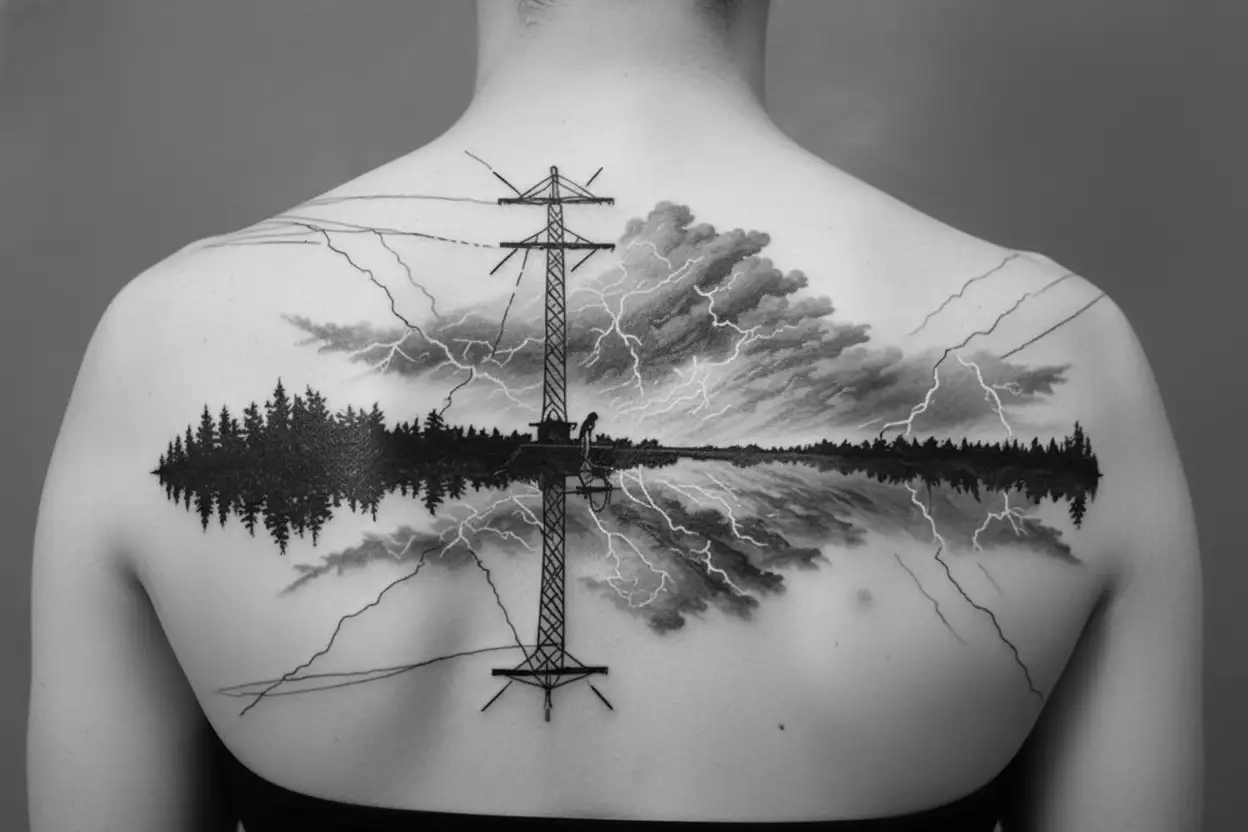 black and white connected powerlines lineman inspired thunderstorm clouds and lightning strike treeline no road no rain tattoo design idea