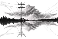 black and white connected powerlines lineman inspired thunderstorm clouds and lightning strike treeline no road no rain tattoo design idea