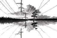 black and white connected powerlines lineman inspired thunderstorm clouds and lightning strike treeline no road no rain tattoo design idea