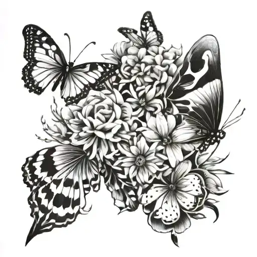 mix butterflies and flowers tattoo design idea