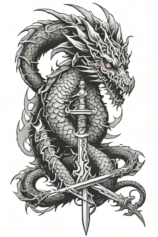 spinal tattoo of a dragon with a sword down the middle tattoo design idea
