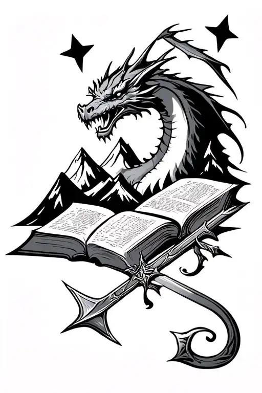 books, flying dragon, sword and arrow crossed, mountain capped by 3 stars tattoo design idea