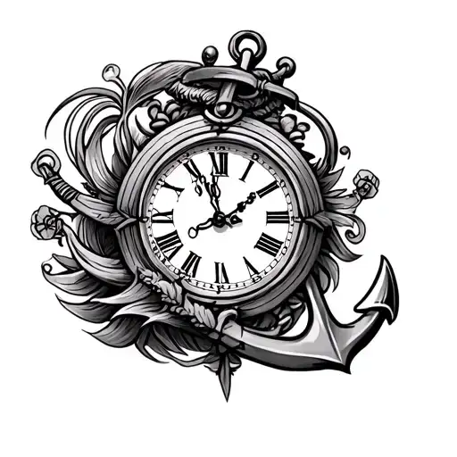 nautical sleeve tattoo, grandfather clock design on forearm. preexisting anchor on outside mid shoulder  tattoo design idea