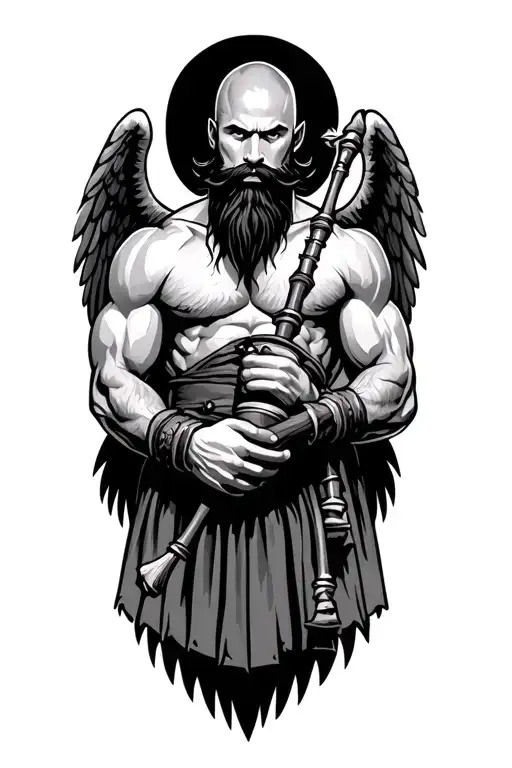 Muscular bald black beard shirtless viking playing bagpipes wings tattoo design idea