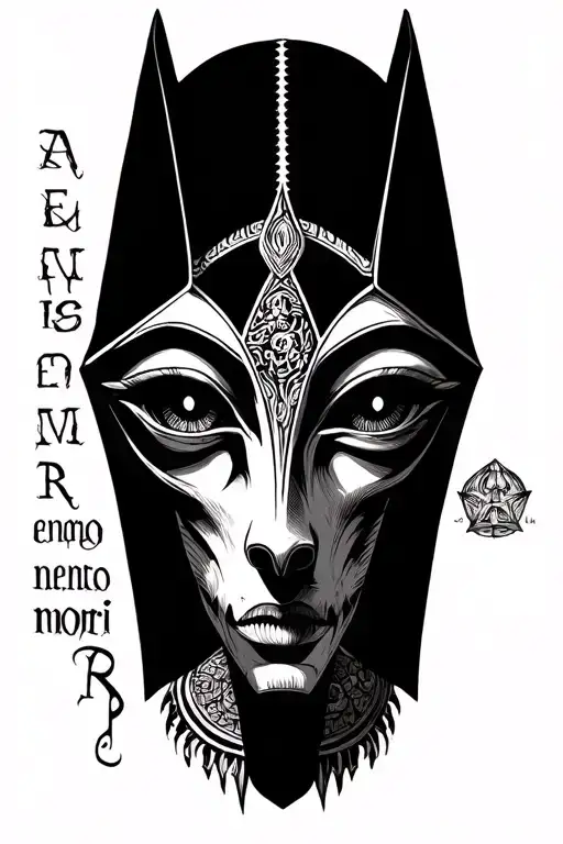Anubis mixed with eyes of hurus and Ra with memento mori text in Gothic style  tattoo design idea