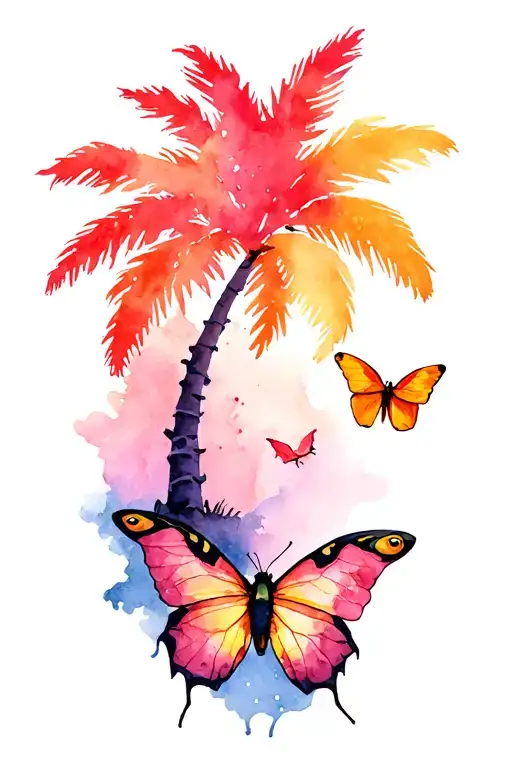 frog, palm tree, butterfly emerging tattoo design idea